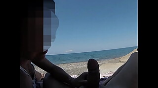 French Girl Blowjob Amateur on Nude Beach public to stranger with Cumshot - MissCreamy
