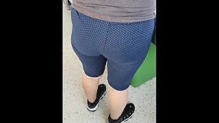 Step mom doesn't wear panties under blue shorts fucking step son in supermarket