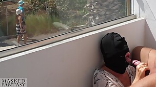 Public Blowjob on Sunny Balcony makes him cum fast, while strangers walking by during his cumshot